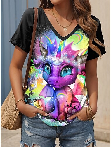  T-shirt femme arc-en-ciel Lil Dragonz par Sheena Pike, imprimé animal, vintage, élégant, classique, manches courtes, col en V, régulier, quotidien, week-end, imprimé noir, été, printemps