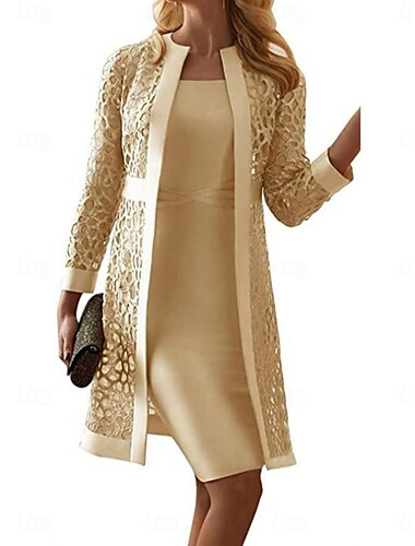  Damen Kleid Set Midi Kleid Einfarbig Ösen Kleid Lässig Schlicht Spitze Patchwork Midi Kleid Langarm Rundhals Outdoor Täglich Champagner Rosa Blau Sommer Frühling Reguläre Passform