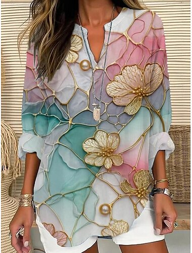  Damen Bluse Sommer Oberteile Blumendruck Vintage Tropen Hawaii Langarm V-Ausschnitt Reguläre Oberteile Täglich Feiertag Strandmode Druck Marineblau Blau Lila Grün Beige Sommer Frühling
