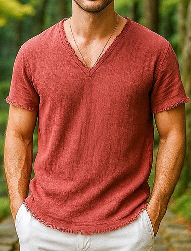  Hombre Camiseta superior Camiseta de lino Mangas cortas Escote en Pico Verano Plano Moda Design Básico Borlas Minimalista Suave Vacaciones Casual Casual Diario Bleu Ciel Blanco Rosa Camiseta superior