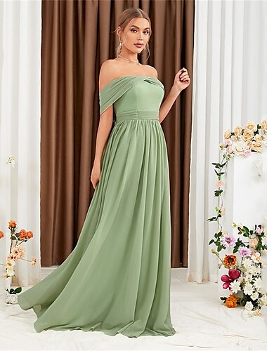  A-Linie Brautjungfernkleid Schulterfrei Ärmellos Elegant Bodenlang Chiffon mit Falten 2022