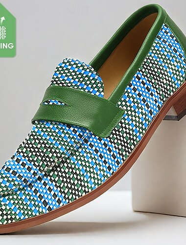  Mocassins à boucle en nylon tissé vert pour homme - Chaussures décontractées uniques