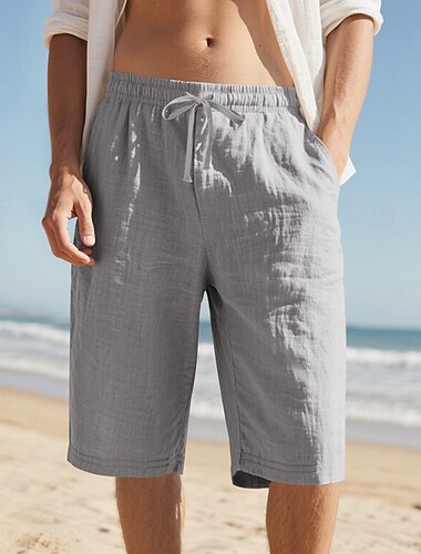  Hombre Pantalones Capri Pantalones cortos de lino Pantalones cortos de verano Pantalones cortos de playa Correa Cintura elástica Plano Comodidad Transpirable Medio corto Exterior Diario Playa