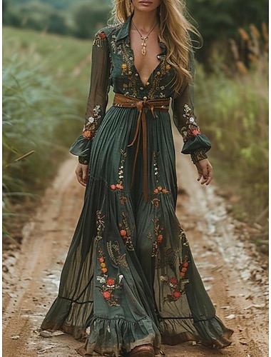  Dames Boho Jurk Westerse Jurk Vintage Midi Jurk Zomerse Jurk Slip Jurk Vakantie Casual Boho Dagelijks Feest Uitgaan Reguliere Fit Bloem Grafisch Lange Mouw V-hals Diepgroen Zomer Lente