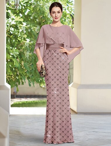  Vestido Cape Vestido da Mãe da Noiva Com Pérolas Renda Elegante Simples Minimalista Decote Redondo Comprimento até o Chão Tule Manga Curta