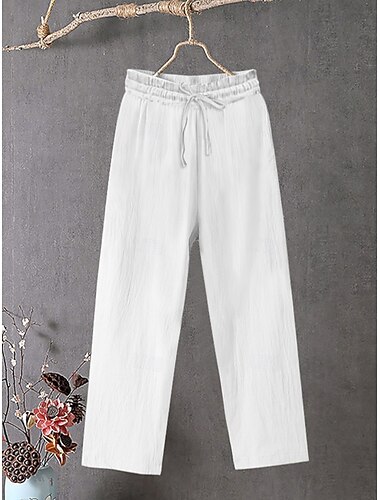  Damen Baumwoll-Leinen Weite Beine Einfarbig Chinos Baggy Hosen Basic Lässig Vollständige Länge Hohe Taille Schlichte Kordelzug Komfort Outdoor Mikro-elastisch Urlaub Straße Alltag Schwarz Weiß Blau