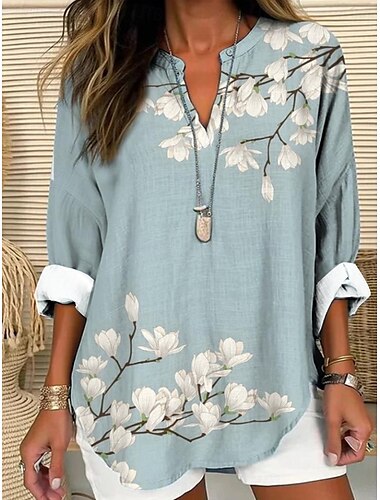  Damen Baumwoll-Linen Hemd Blumig Hawaiian Basic Lässig Langarm V-Ausschnitt Reguläre Oberteile Alltagsferienknöpfe Druck Pink Rot Marineblau Blau Lila Sommer Frühling