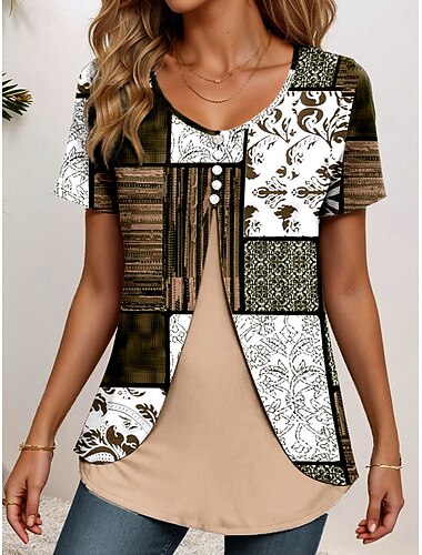  Damen T Shirt Blumen Grafik Geometrisch Elegant Vintage Stilvoll Kurzarm Rundhalsausschnitt Rundhals Normale Oberteile Täglich Ausgehen Patchwork Knöpfe Gestuft Staubiges Blau Khaki Sommer Frühling
