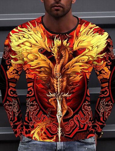  T-shirt à manches longues et col ras du cou pour homme, imprimé dragon 3D, style streetwear, décontracté, quotidien, rouge, été, printemps, toutes saisons