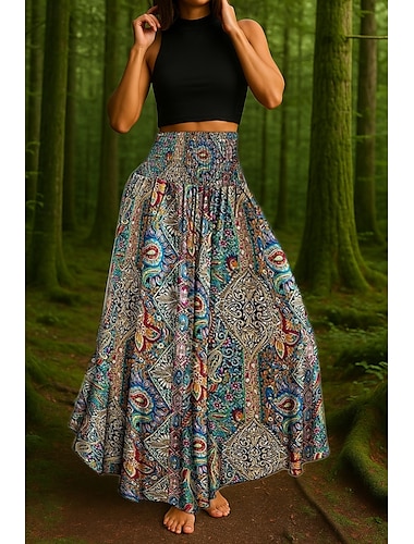  Dames Rok A-lijn Schommel Casual Boho Maxi Hoge taille Rokken Paisley Afdrukken Vakantie Feestdagen Rood Marineblauw blauw Paars Zomer Polyester