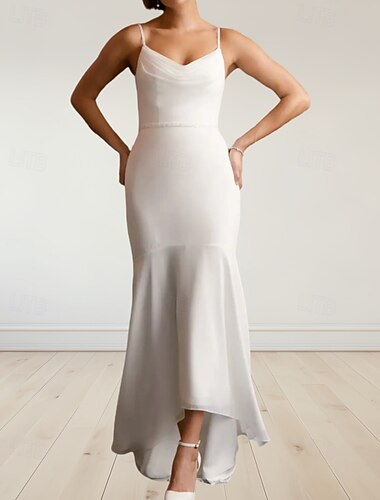  Robes blanches pour engagement robes de mariage sirène  trompette décolleté en V bretelles spaghetti sans manches asymétriques robes de mariée en chiffon avec ceinture  ruban froncé