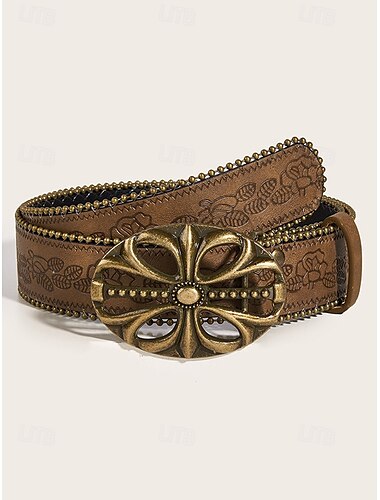  Breiter Boho-Ledergürtel für Damen mit Blumengravur – Vintage-Western-Stil mit antiker goldener Blumenschnalle, verstellbarer Bund für Kleider, Festivals und den Alltag