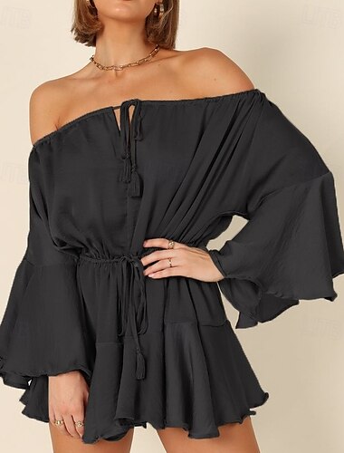  Retro Vintage Mittelalterlich Renaissance Mini Einteiler Rüschenärmel Schulterfrei Cottagecore Einfarbig Damen Fantasie Urlaub Alltagstauglich Erwachsene Kleid