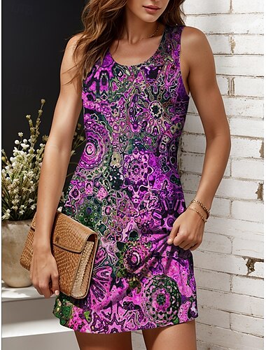  Damen Minikleid Sommerkleid A Linie Kleid Urlaub Lässig Boho Täglich Normale Passform Grafik Abstrakt Ärmellos U-Ausschnitt Rosa Blau Purpur Orange Sommer