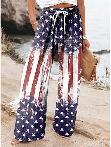  Onafhankelijkheidsdag Dames Rood Wit En Blauw Wijd Been Chino's Baggy Broeken Vakantie Vintage Mode Volledige Lengte Hoge Taille Broeken Grafische Vlag Amerikaanse Vlag Print Micro-elastic Formele