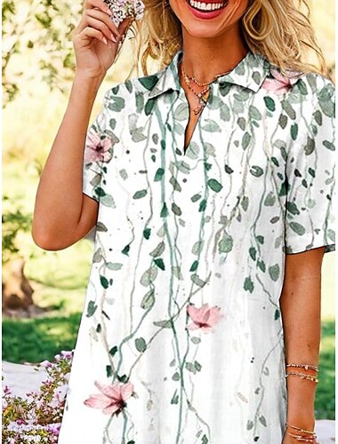  Damen Midikleid Hemdblusenkleid Freizeitkleid A Linie Kleid Urlaub Lässig Ferien Date Normale Passform Ombre Blumen Grafik Kurzarm Hemdkragen Hellgrün Sommer