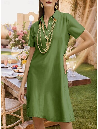  Damen Midi Kleid A-Linie Kleid Einfarbig Urlaub Lässig Täglich Date Reguläre Passform Schlicht Reine Farbe Kurzarm Hemdkragen Weiß Gelb Wein Navy Blau Sommer