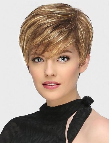  kort brun pixie cut peruk för kvinnor kort hår peruk med lugg blandad blond höjdpunkt lager fluffigt syntetiskt hår ersättning peruk halloween kostymer peruker