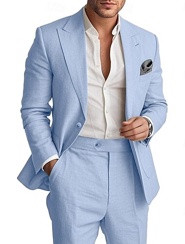  Trajes de boda de lino para hombres rosa azul cielo moda casual de verano de color sólido estándar de 2 piezas de una sola fila de botones