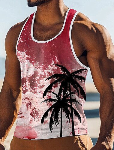  Herren Kokospalme T Shirt Weste Ärmellos T-Shirt 3D-Druck Rundhalsausschnitt Rundhals Hemd Urlaub Lässig Hawaiianisch Ferien Blau Rot Grün Sommer Frühling Bekleidung S M L XL XXL XXXL