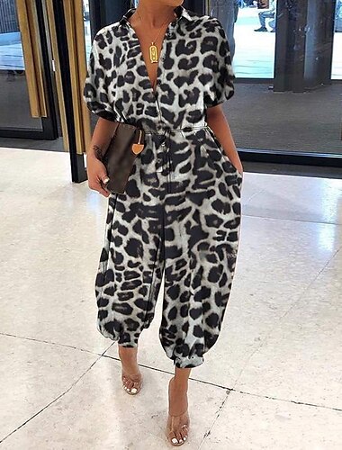  Mujer Normal Mono Ropa de calle Leopardo Manga Corta Escote en Pico Bolsillo Calle Diario Ajuste regular Negro Morado Caqui Verano