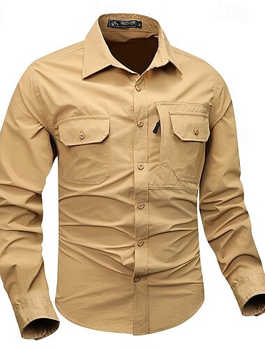  Homens Camisa Social camisa de verão Camisa casual camisa de botão Camisa de carga Preto Caqui Verde Tropa Bege Manga Longa Tecido Colarinho de Camisa Férias Havaiana Bolsos Roupa 100% Algodão Moda