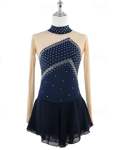  Figure Skating Dress Women's Girls' Ice Skating Dress Dark Navy Patchwork Thumbhole Mesh Spandex Stretchy Training Practice Professional Skating Wear Thermal Warm Crystal / Rhinestone Long Sleeve Ice