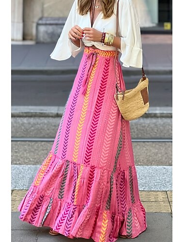  Damen Rock Bohemien Lässig Boho Maxi Mittlere Hüfthöhe Röcke Blumen Druck Mikroelastisch Urlaub Ausgehen Rote Fuchsie Grün Sommer Polyester