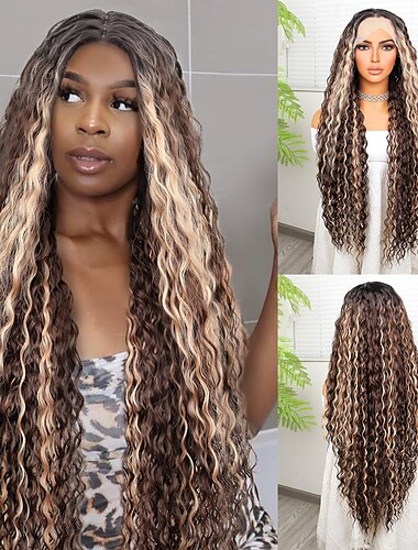  Syntetická krajková paruka Deep Curly Styl 32 inch Tónované Střední část 13x4x1 T část krajka přední Paruka Dámské Paruka Světle hnědá / kaštanová