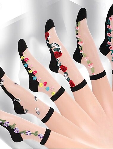  6 Paar Damen bestickte Blumen Socken transparente dünne trageangenehme Strumpfwaren