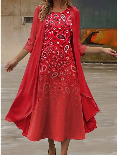  Dames Jurk Set Midi Jurk Shift Jurk Zomer Jurk Casual Ombre Paisley Print 3/4 Lengte Mouw Crew Neck Dagelijks Rood Zomer Lente Regulair Fit