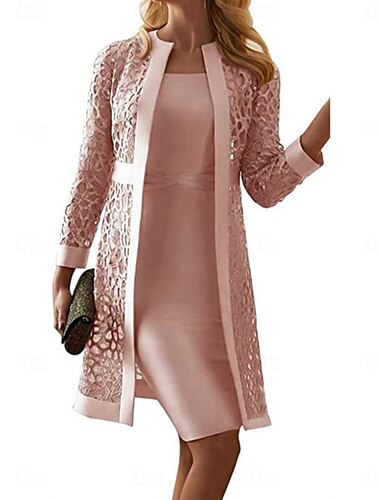  Ensemble de Robe Femme Robe Midi Couleur Unie Robe Œillet Décontractée Unie Patchwork en Dentelle Robe Midi à Manches Longues Col Ras du Cou Extérieur Quotidien Champagne Rose Bleu Été Printemps