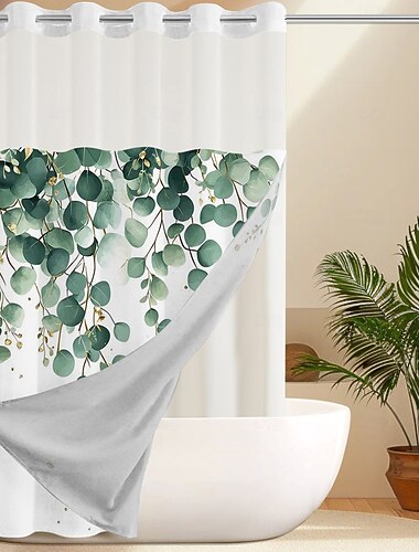  Duschvorhang ohne Haken 200 cm hoch duschvorhang waschbar mit snap-in Polyesterstoff Innenfutter durchsichtiger Oberfenster wasserdichter doppelschichtiger Badewannenvorhang mit Blattmuster