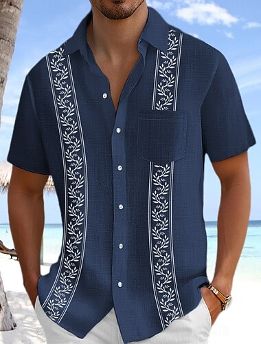  Miesten Pellava paita Guayabera paita Ranta-asut Button Up paita Puut / lehdet Kausaliteetti Hiekkaranta Laivaston sininen Lyhythihainen Sänkyjen avaus Kesä Kevät Vaatetus