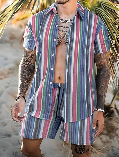  Voor heren Overhemdset T-shirt past 2 stuks outfits T-shirt en korte broek Korte mouw Overhemdkraag Zomer Gestreept Modieus Casual 2-stuks Vakantie Alledaagse kleding Uitgaan blauw Oranje Top T-shirt