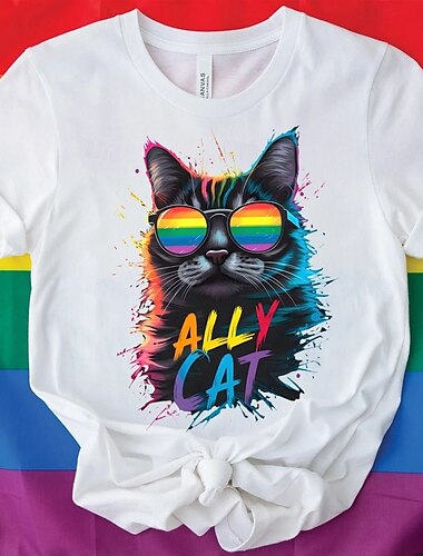  Camiseta arcoíris LGBTQ con gato aliado, camisetas del orgullo, gráfico del orgullo para parejas, hombres, mujeres, adultos, mascarada, estampado en caliente, desfile del orgullo, mes del orgullo