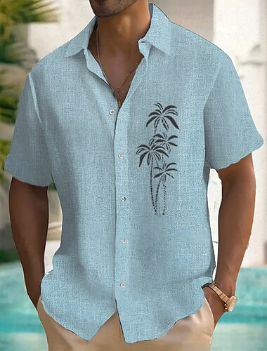  Herren Kokospalme Tropische Pflanzen Leinenhemd Sommer Hawaiihemd Knopfhemd Kurzarm Hawaiianisch Resort Urlaub Ferien Strandbekleidung Sommer Frühling Umlegekragen Hemden mit Kragen Rosa Blau Grün
