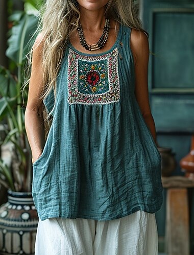  Dam västerländsk blus Boho skjorta Blus Blomma Grundläggande Ledigt Ärmlös Rund hals Vanliga toppar Dagligen Helgdag Mönster Blå Sommar