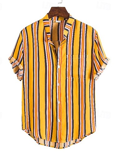  Herren Hemd Popover-Hemd Sommerhemd Freizeithemd Strandhemd Hellgelb Gelb Rote Blau Dunkelblau Kurzarm Streifen Stehkragen Urlaub Hawaiianisch Tasche Bekleidung Baumwollmischung Mode Lässig Bequem