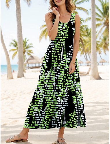  Damen Midikleid Freizeitkleid Sommerkleid A Linie Kleid Schulterfreies Kleid Urlaub Lässig Normale Passform Grafik Geometrisch Tupfen Ärmellos U-Ausschnitt Rundausschnitt Gelb Rote Blau Purpur Sommer