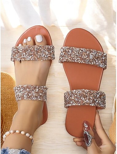  sandali da donna con glitter oro rosa – scarpe basse con doppio cinturino scintillante per feste, spiaggia ed outfit estivi