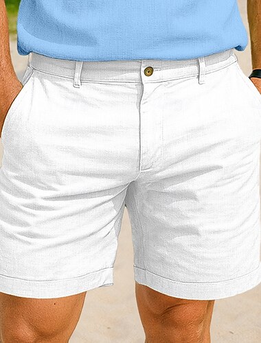  Hombre Pantalones cortos de lino pantalones cortos de vestir Pantalones cortos de verano Pantalones cortos de playa Cremallera Botones Bolsillo Color sólido Plano Comodidad Transpirable Longitud de