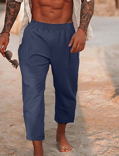  Voor heren Linnen broek Broek Zomerbroek Strandbroeken Geplooid Elastische taille Recht been Effen Comfort Ademend Enkellengte Buiten Casual Feestdagen Modieus Retro vintage Zwart Marineblauw