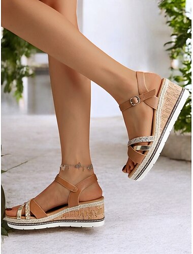  sandali con zeppa in sughero da donna – espadrillas con plateau e cinturino marrone con fibbia, scarpe estive casual da indossare tutti i giorni, da viaggio e da spiaggia