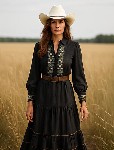  Women's Long Dress Maxi Dress Vintage Dress Casual Dress Swing Dress Boho Dress Vintage Tribal Vacation Holiday Regular Fit Plain Long Sleeve V Neck Black Summer