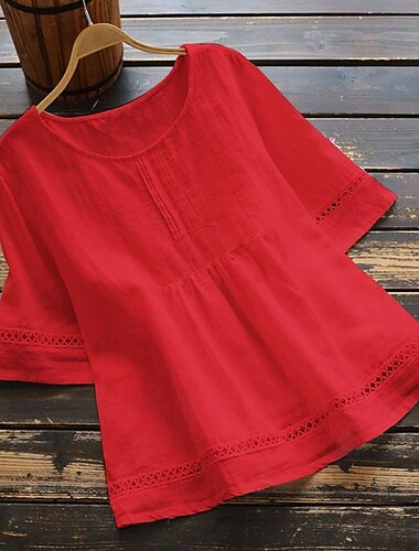  Mulheres Blusa Côr Sólida à moda Casual Manga 3/4 Gola Redonda Tops regulares Diário Patchwork Branco Vermelho Azul Verde Verão