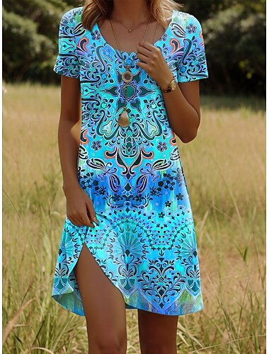  Damen Minikleid T-Shirt-Kleid A Linie Kleid Sommerkleid Lässig Täglich Normale Passform Blumen Grafik Paisley-Muster Kurzarm Rundhalsausschnitt Blau Purpur Orange Grün Sommer Frühling
