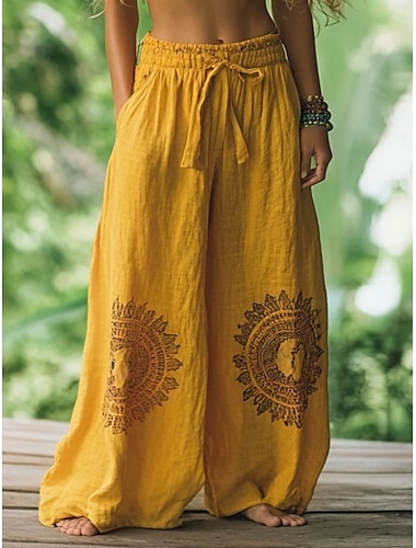  Dames Boho Broeken Wijde Been Chino's Vakantie Vintage Etnische Stijl Volledige Lengte Hoge Taille Grafische Zak Ellesband Druk Comfortabel Zacht Comfortabel Micro-elastisch Buiten Vakantie Straat