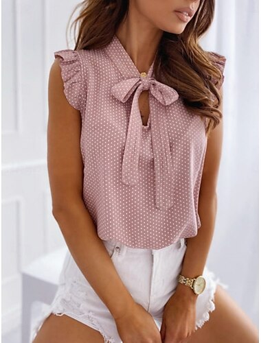  Chemise femme couleur unie pois décontractée quotidienne sans manches col en V hauts réguliers quotidien nœud avant rose bleu violet vert kaki été printemps