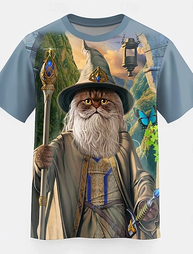  catdalf the white vincent hie мужская футболка с котом футболка с коротким рукавом 3D-принт рубашка с круглым вырезом мода преувеличенная повседневная вечеринка уличная повседневная синяя летняя весна